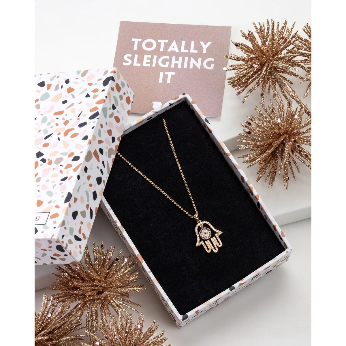 Goldtone Cz Hamsa Pendant Necklace - In Gift Box - White sold by Zulily product image thumbnail 2