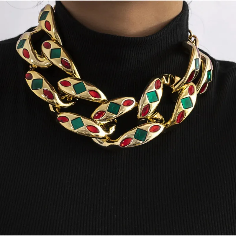 Goldtone Red & Green Embellished Chunky Chain Link Chocker Necklace - White sold by Zulily