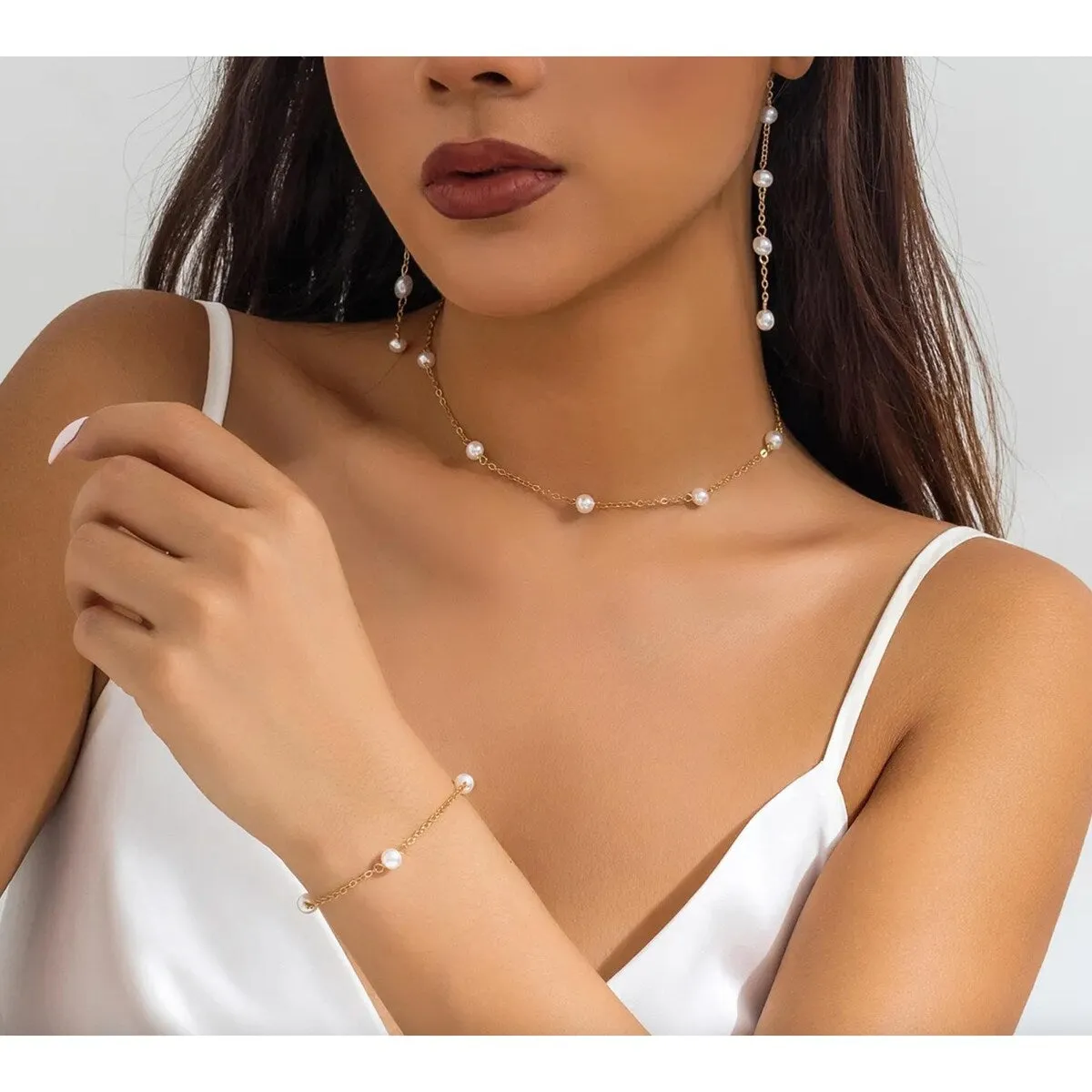 Goldtone & Dainty Imitation Pearl Station Chain Earrings, Necklace & Bracelet Set - White sold by Zulily