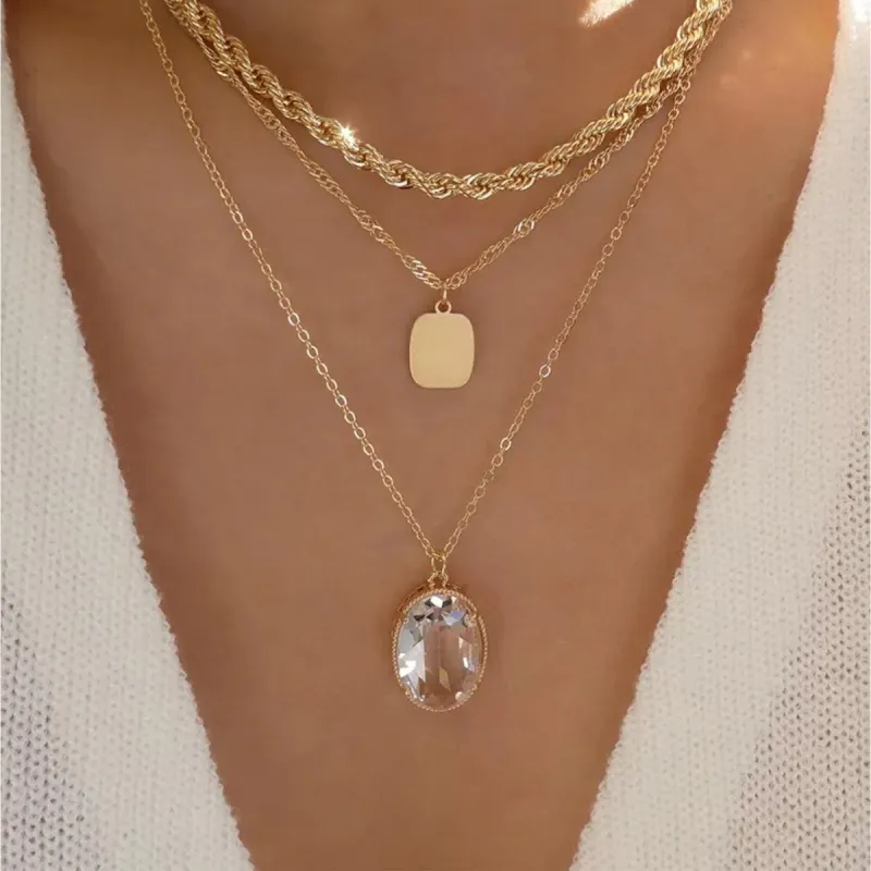 Goldtone Layered Necklace with Oval Crystal - White sold by Zulily