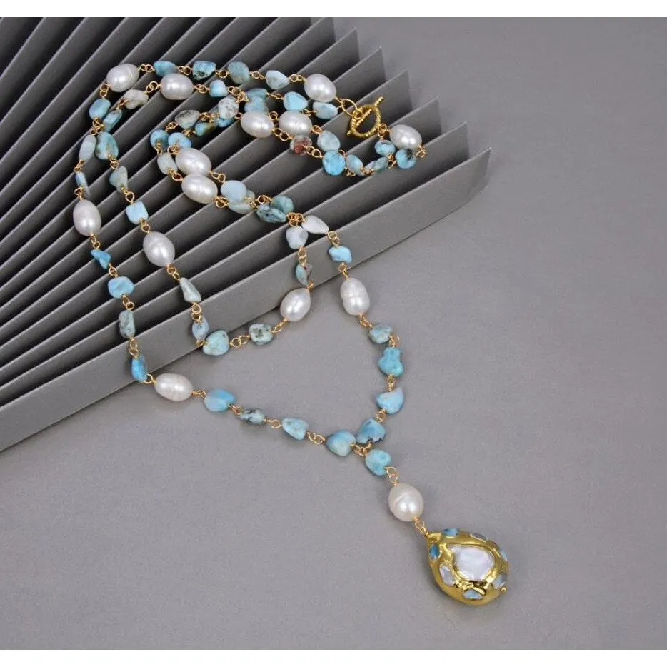 Gold plated Brass Larimar And Freshwater Pearl Necklace - White sold by Zulily