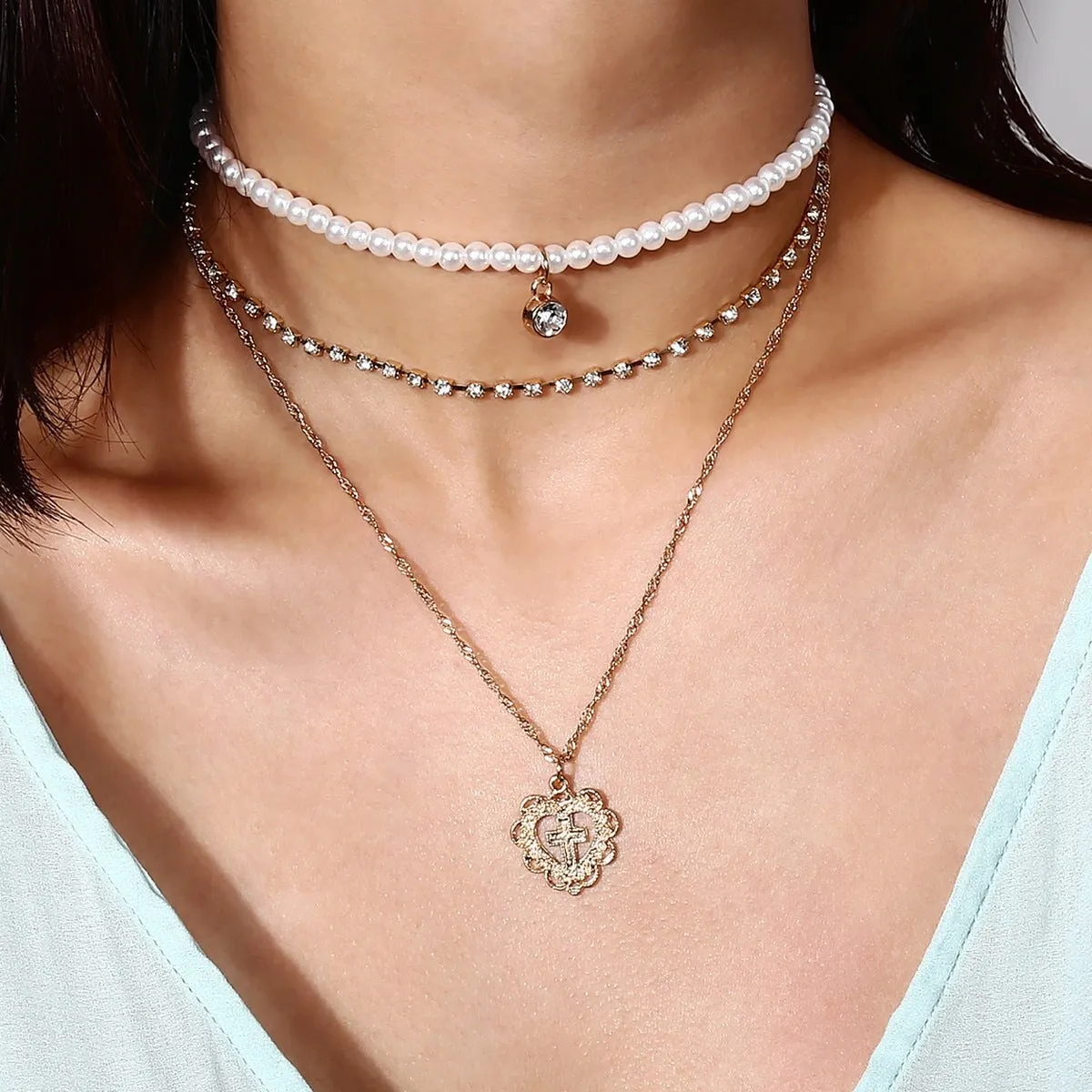 Goldtone Imitation Pearl Heart Cross Layered Necklace - White sold by Zulily