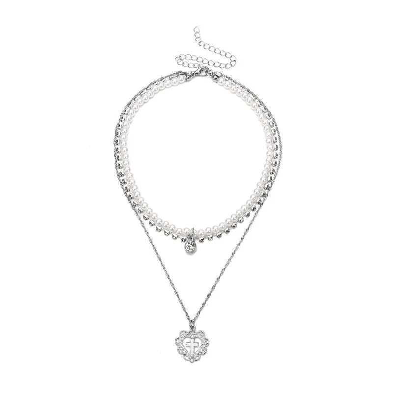 Silvertone Imitation Pearl Heart Cross Layered Necklace - White sold by Zulily
