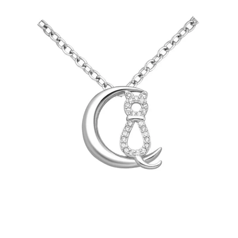 Cubic Zirconia & Sterling Silver Cat Crescent Moon Pendant Necklace - White sold by Zulily