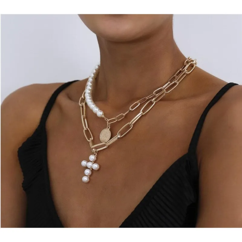 Goldtone Imitation Pearl Cross Layered Necklace - White sold by Zulily
