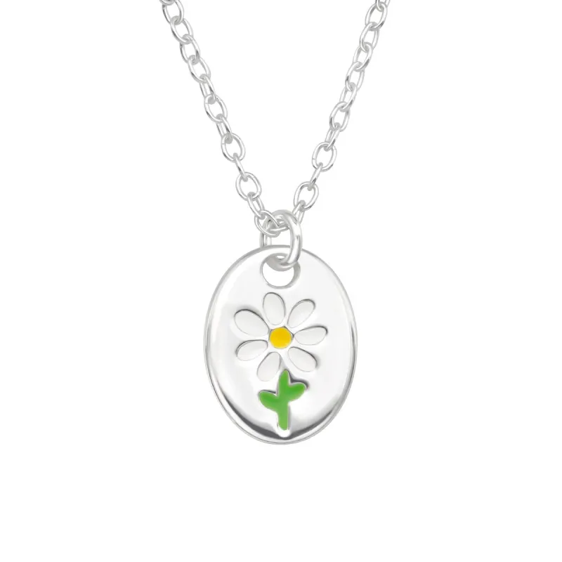Sterling Silver Daisy Oval Pendant Necklace - White sold by Zulily