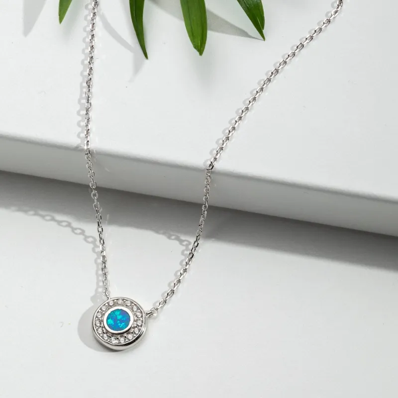 Sterling Silver Blue Lab Opal Cubic Zirconia Halo Pendant Necklace - White sold by Zulily
