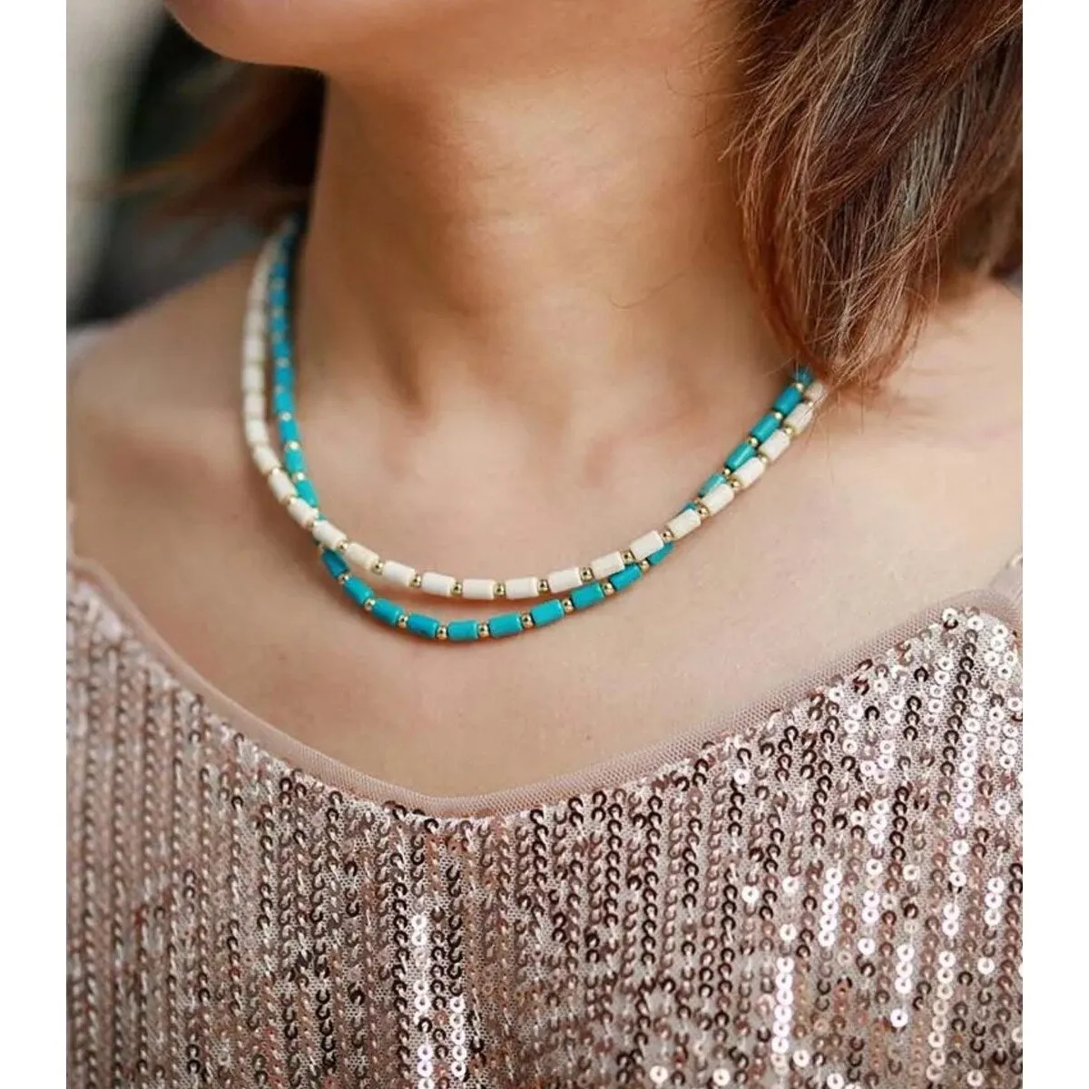 Goldtone & Turquoise Beaded Choker Necklace - White sold by Zulily product image thumbnail 2