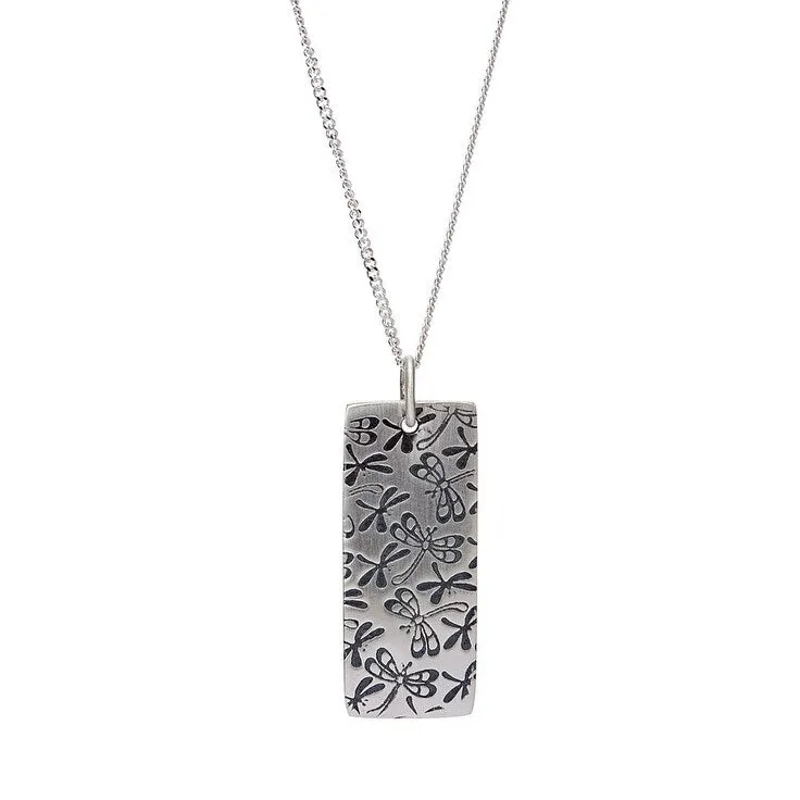 Sterling Silver Dragonfly Etched Rectangular Pendant Necklace - White sold by Zulily