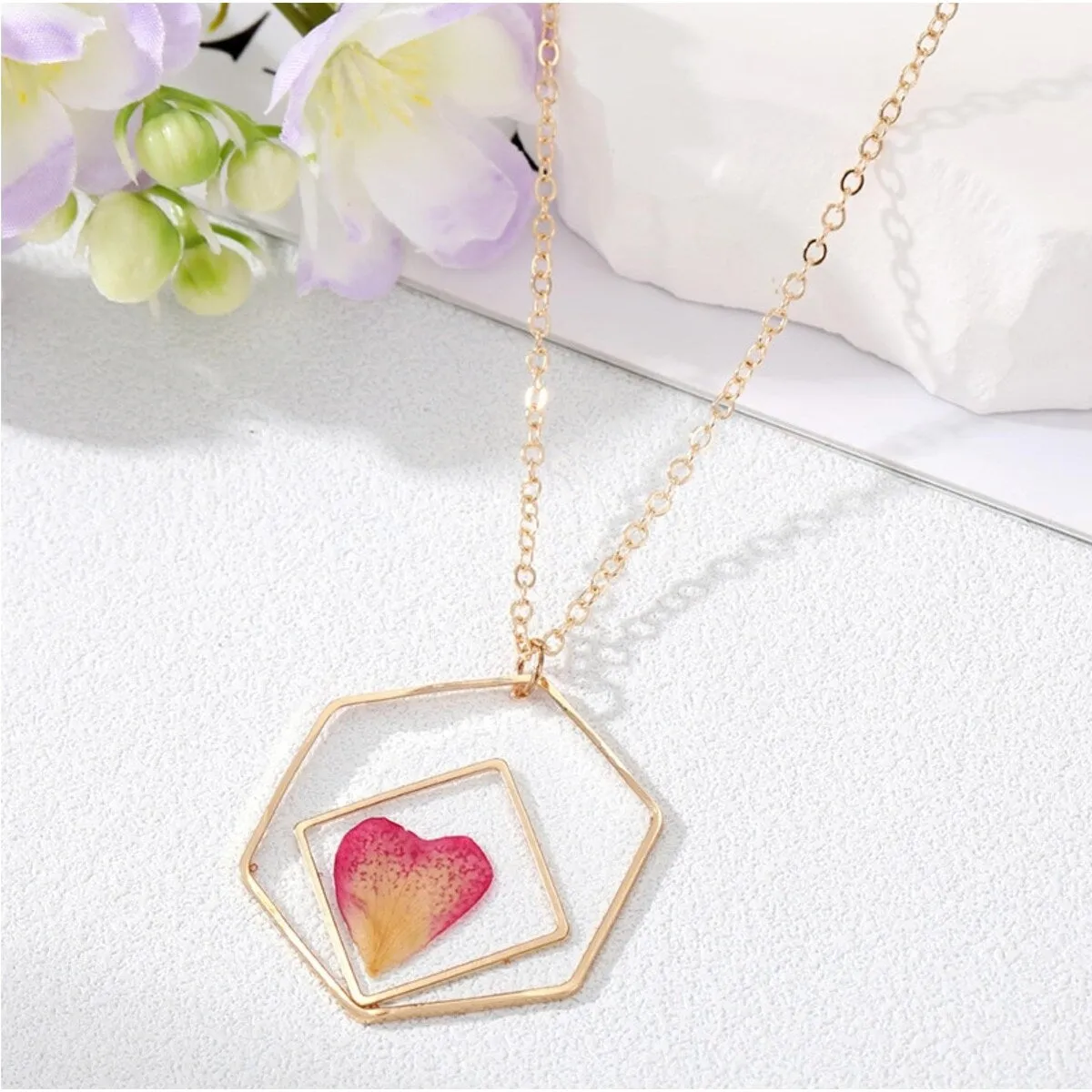 Goldtone Open Hexagon & Pink Heart Pendant Necklace - White sold by Zulily product image thumbnail 2