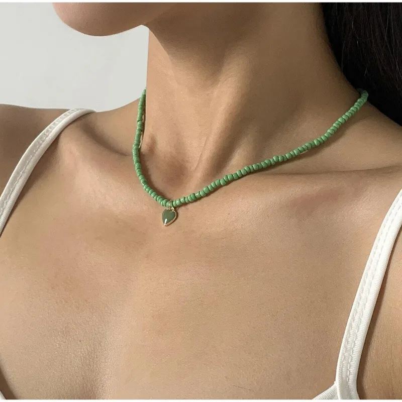 Green Beaded Dainty Heart Necklace - White sold by Zulily