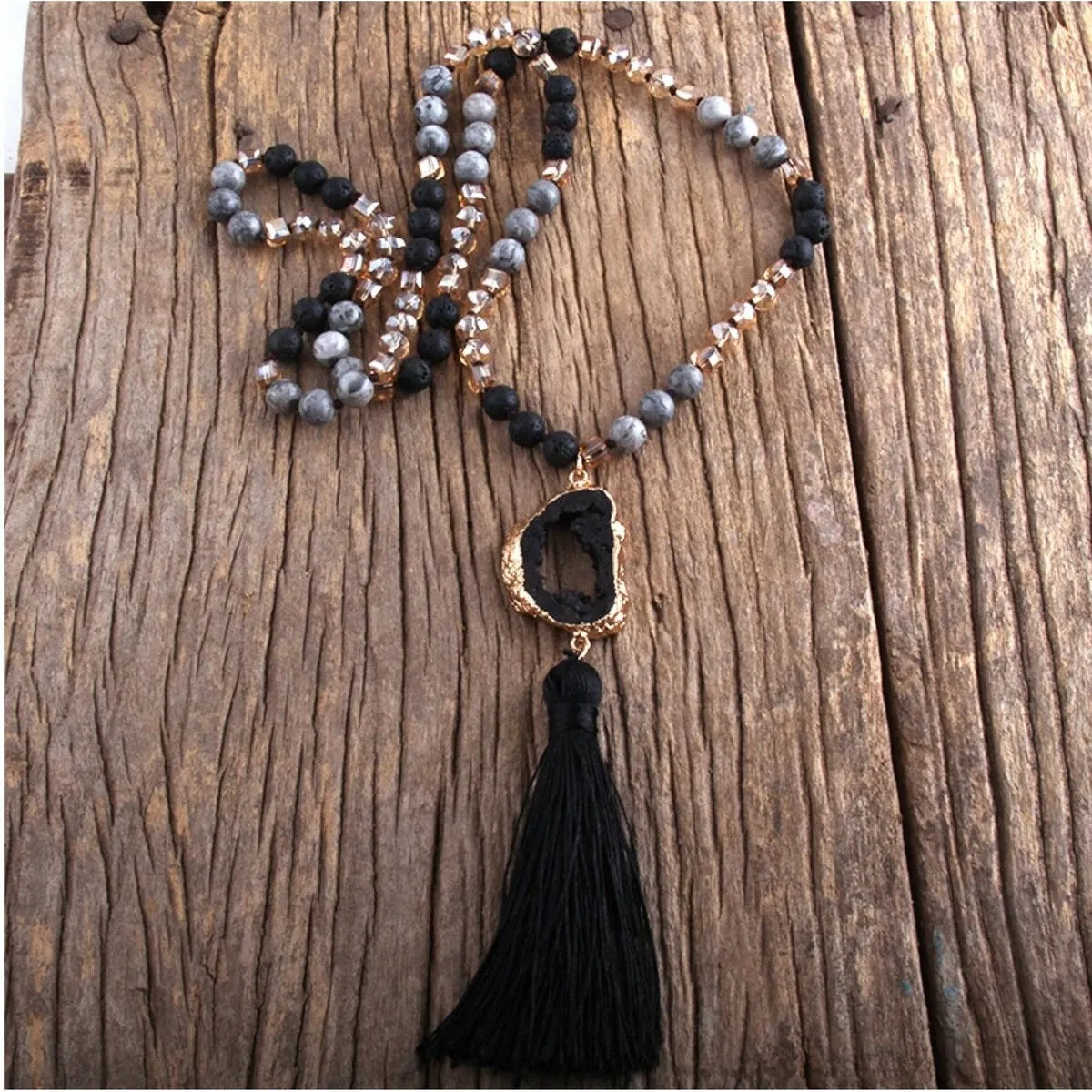 Black Geode Tasseled Beaded Long Necklace - White sold by Zulily