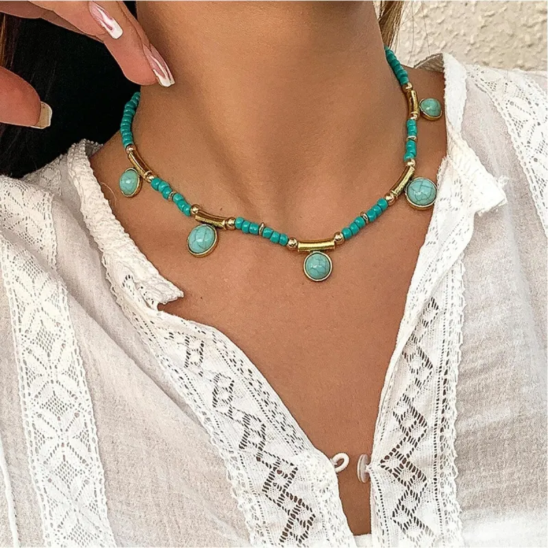 Goldtone Teal Beaded Necklace With Faux Turquoise Charms - White sold by Zulily
