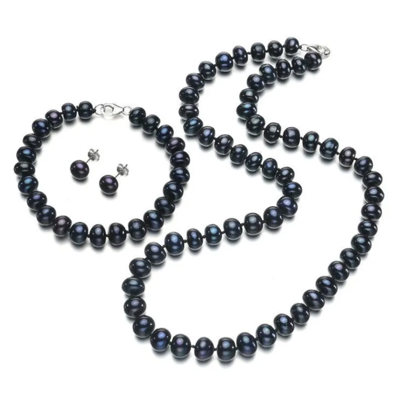 Black Freshwater Pearl Stud, Bracelet Necklace Set - White sold by Zulily