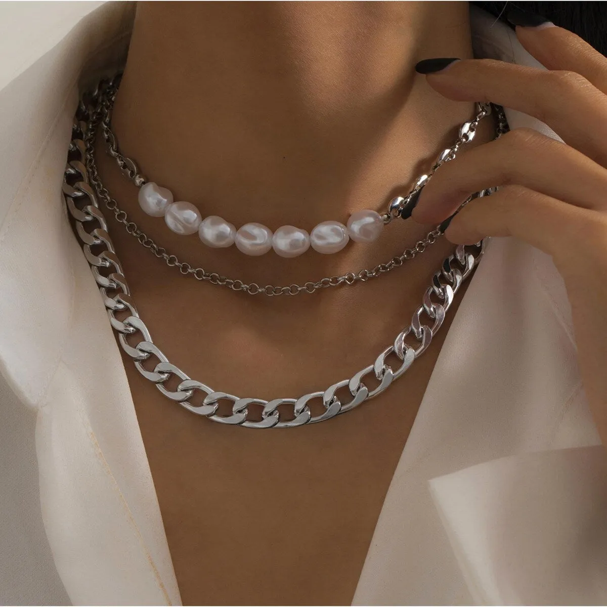 Silvertone Layered Omega Chain And Pearl Necklace - White sold by Zulily