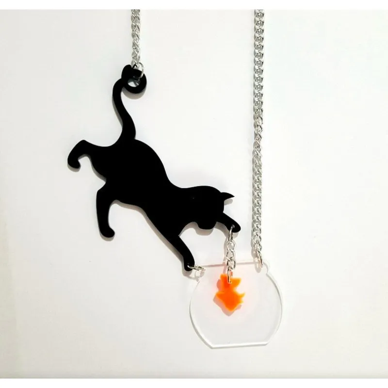 Black Cat Goldfish Pendant Necklace - White sold by Zulily