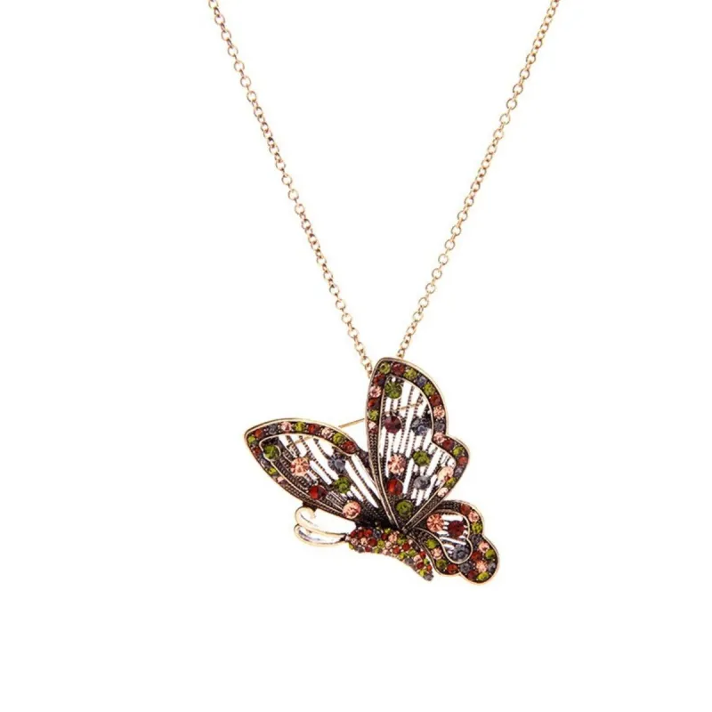 Brass Butterfly Multi Color Crystal Pendant Necklace - White sold by Zulily