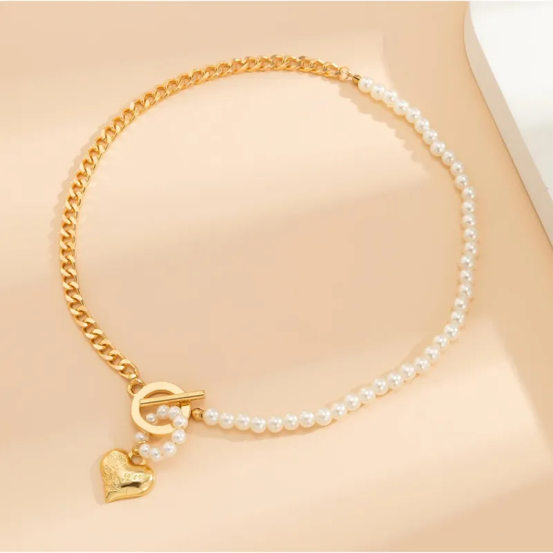 Goldtone Imitation Pearl Toggled Necklace With Heart - White sold by Zulily