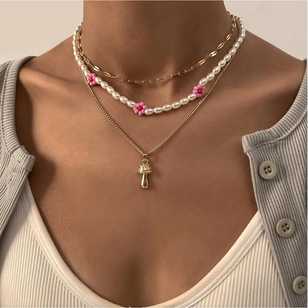 Goldtone Mushroom Imitation Pearl Pink Flower Layered Necklace - White sold by Zulily