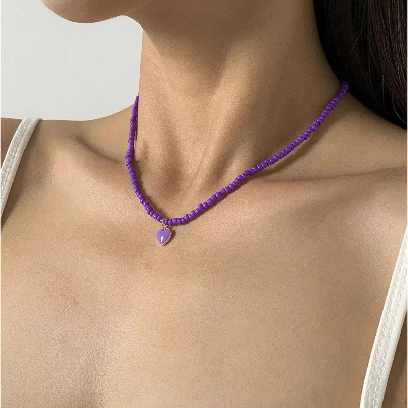 Goldtone Dainty Heart Seed Bead Necklace in Purple - White sold by Zulily