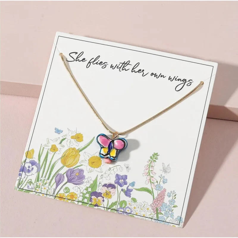 Goldtone Multi Colored Butterfly She Flies With Her Own Wings Necklace - White sold by Zulily