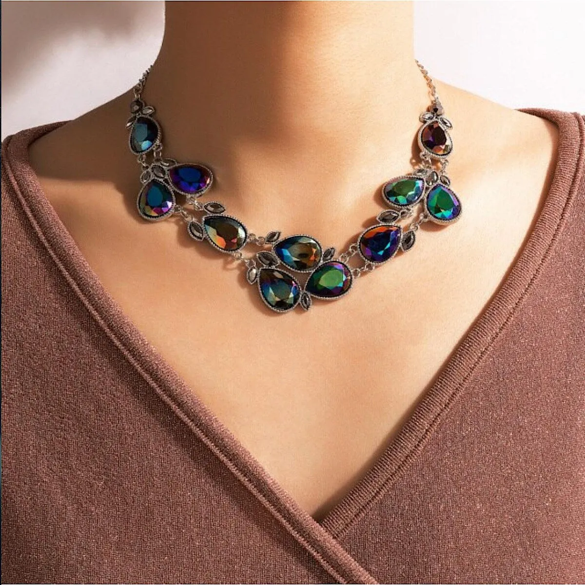 Multi Colored Crystal Teardrop Clustered Necklace - White sold by Zulily