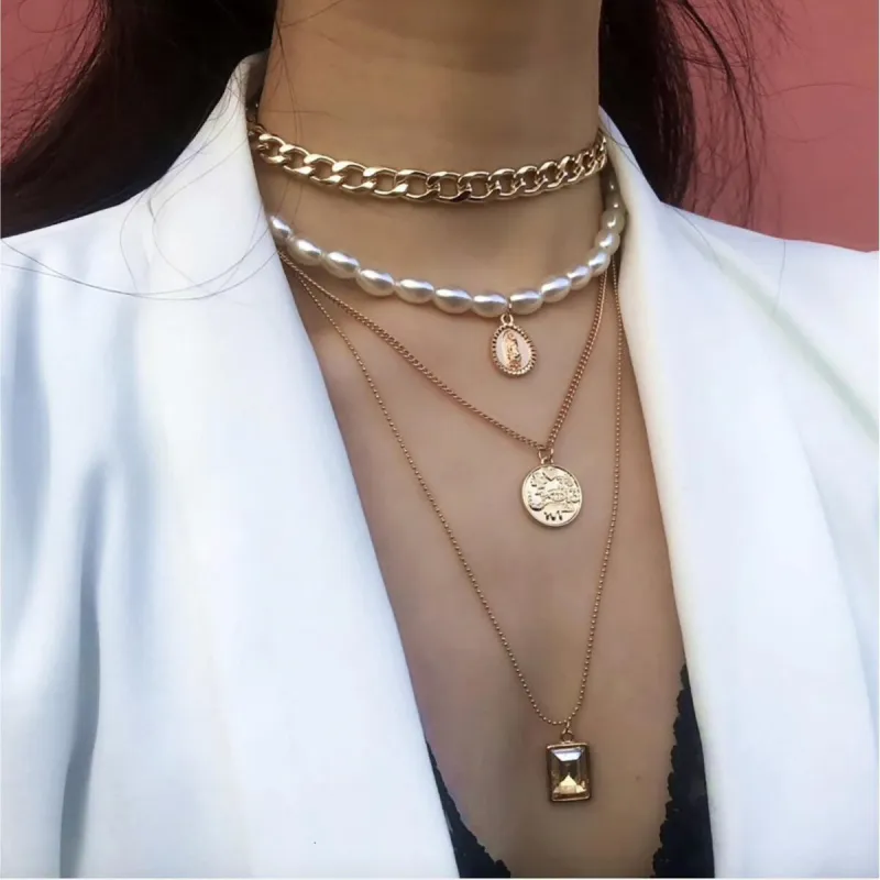 Crystal Imitation Pearl Layered Signet Pendant Necklace - White sold by Zulily