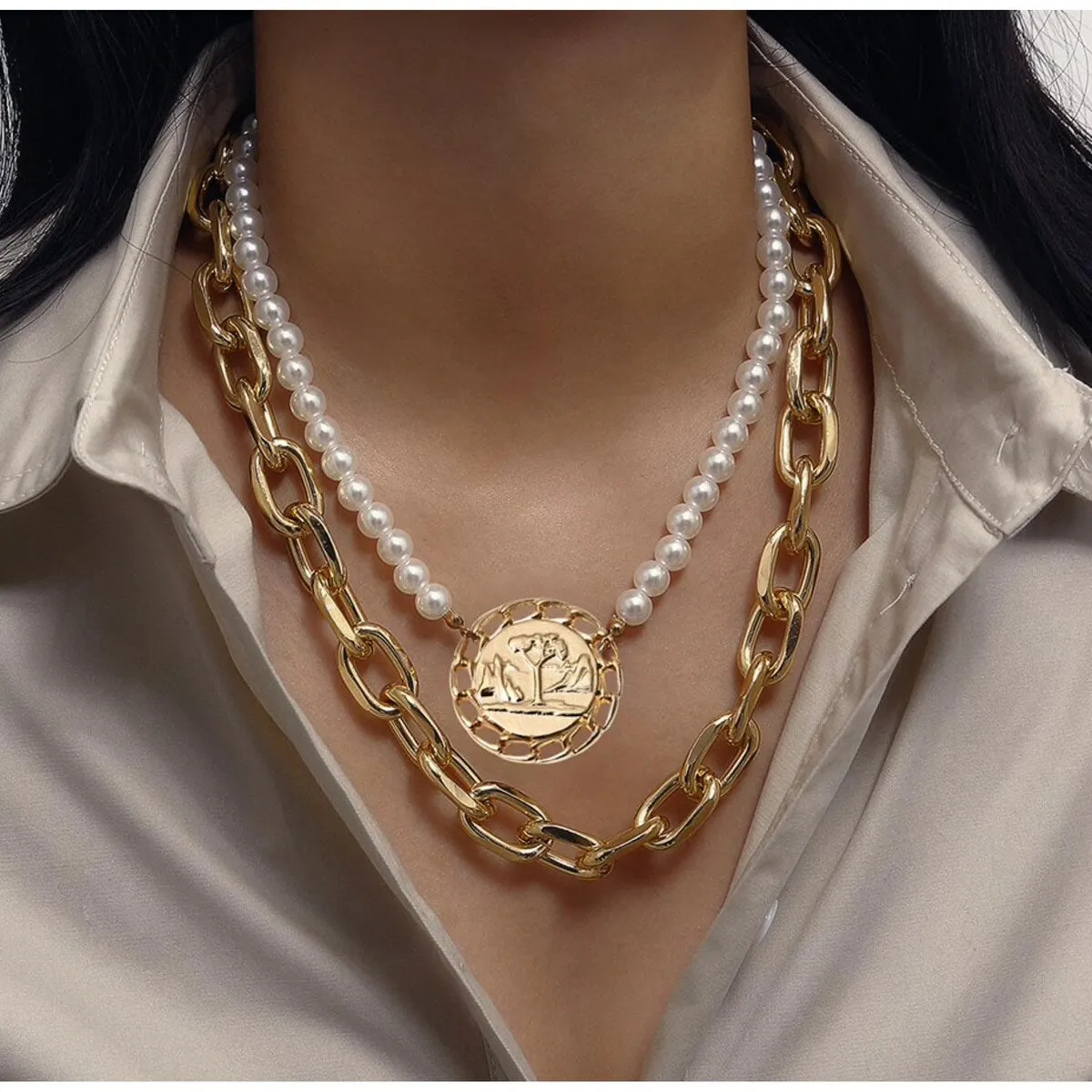Goldtone Imitation Pearl Layered Necklace With Medallion - White sold by Zulily