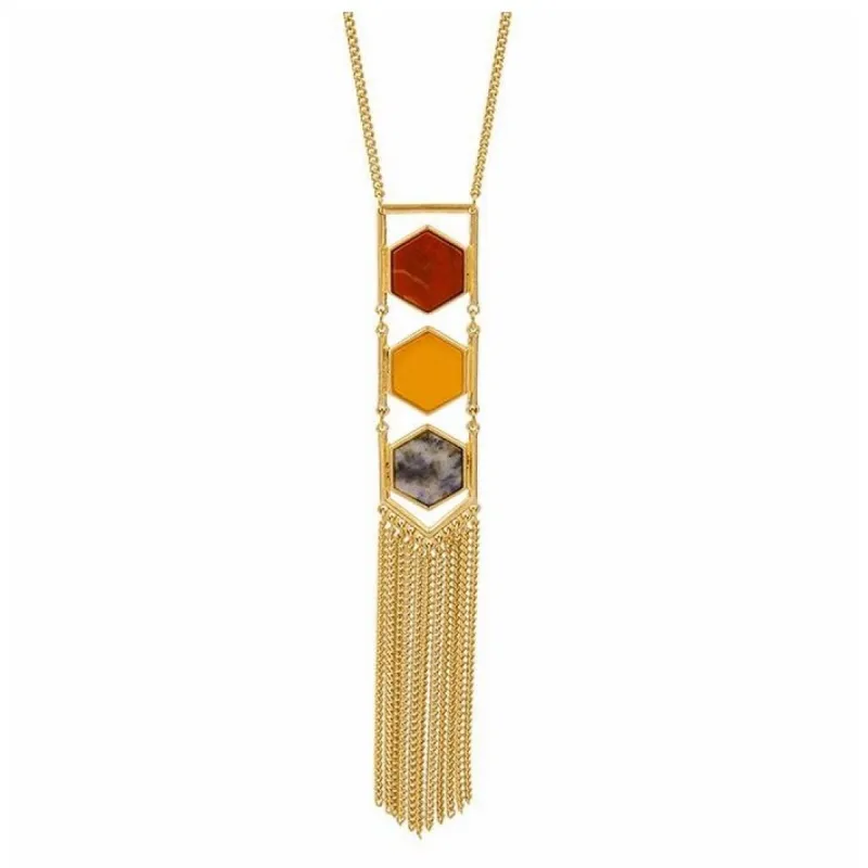 Goldtone Tasseled Necklace With Tri-colored Hexagons - White sold by Zulily
