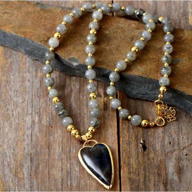 Labradorite & Goldtone Beaded Heart Pendant Necklace - White sold by Zulily