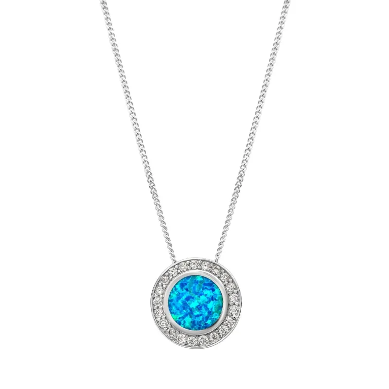 Sterling Silver Blue Lab Opal Cubic Zirconia Halo Pendant Necklace sold by Zulily