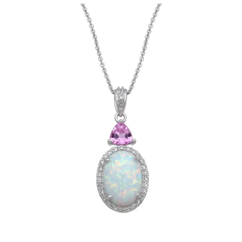 Sterling Silver White lab Opal Oval Pendant with Pink CZ sold by Zulily