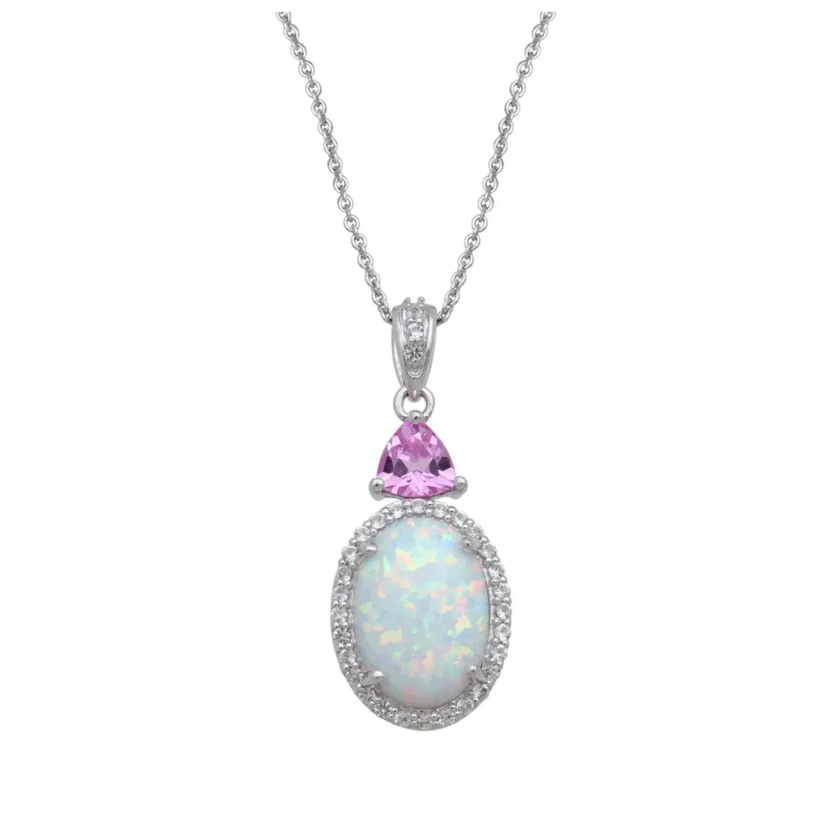 Sterling Silver White lab Opal Oval Pendant with Pink CZ sold by Zulily