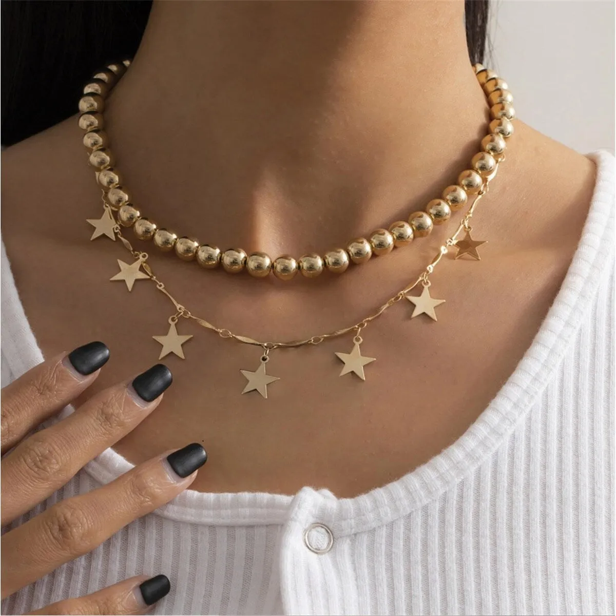 Goldtone Beaded Star Layered Necklace - White sold by Zulily