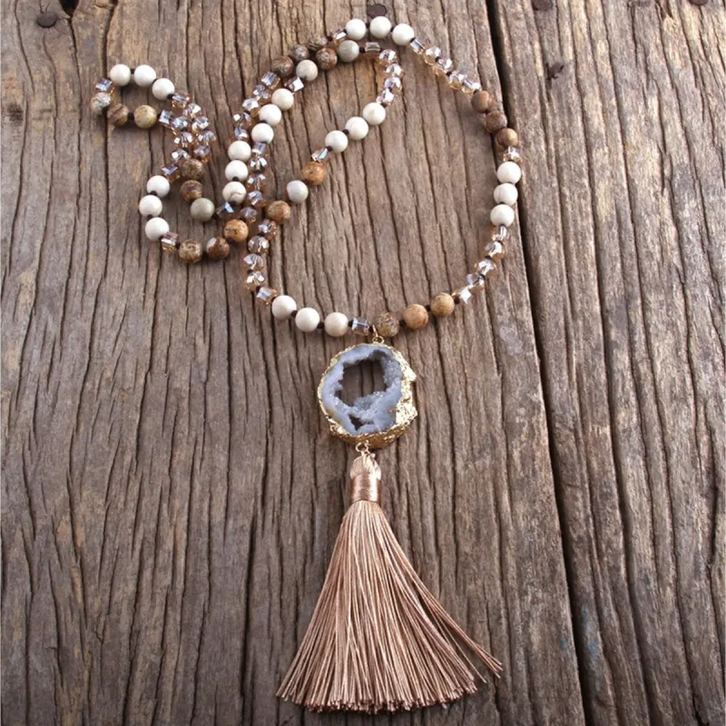 Beige Tassel Grey Geode Beaded Long Necklace - White sold by Zulily