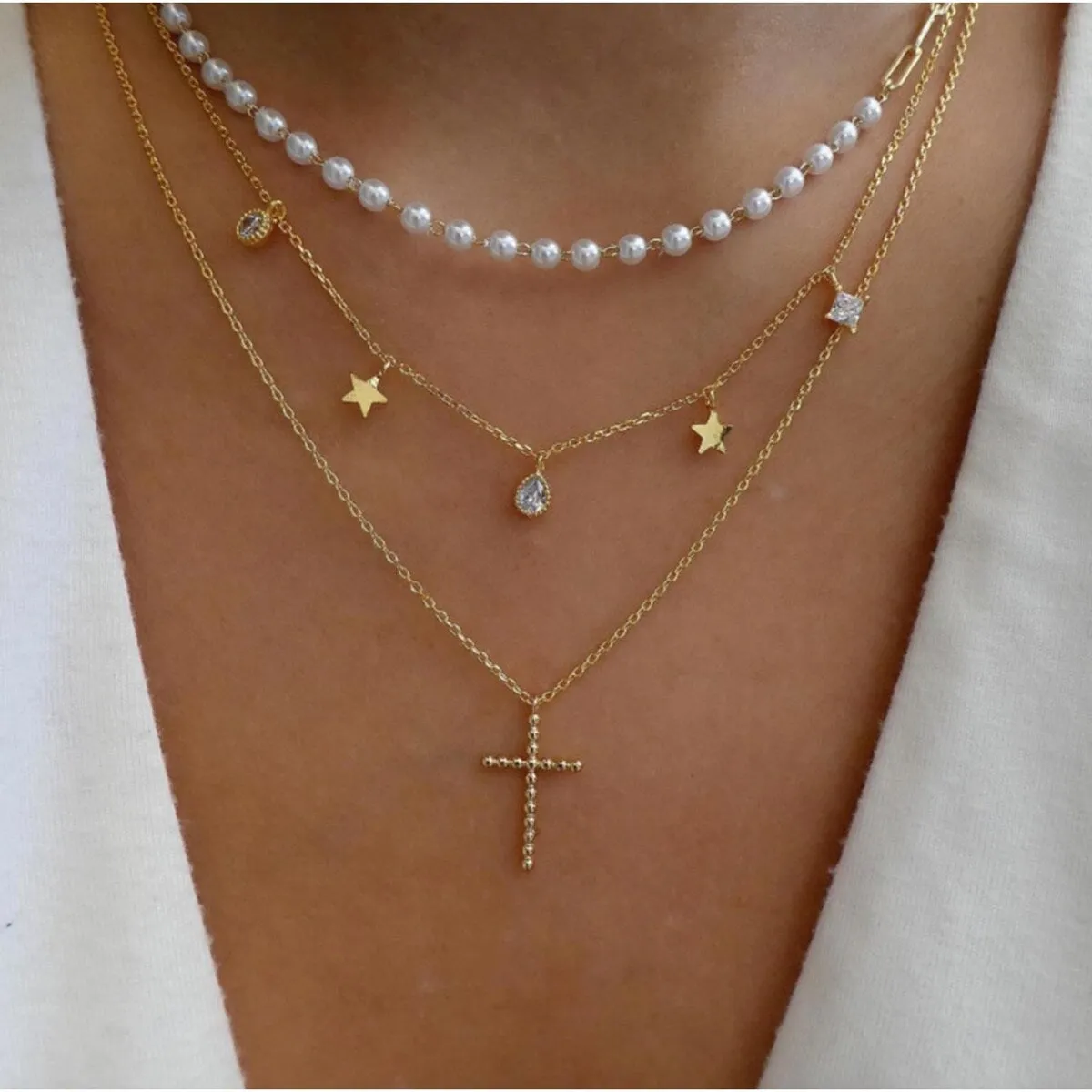 Goldtone & Imitation Pearl Dainty Cross Layered Necklace - White sold by Zulily