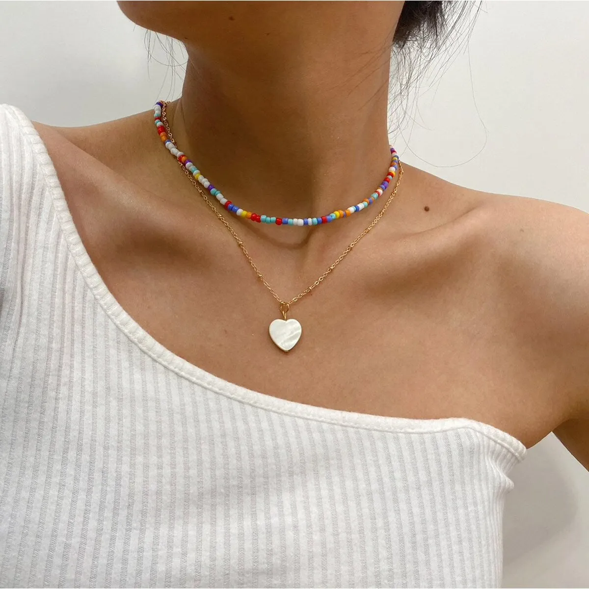 Multi Colored Beaded Goldtone Heart Layered Necklace - White sold by Zulily