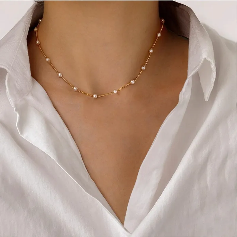 Goldtone Imitation Pearl Dainty Station Chain Necklace - White sold by Zulily
