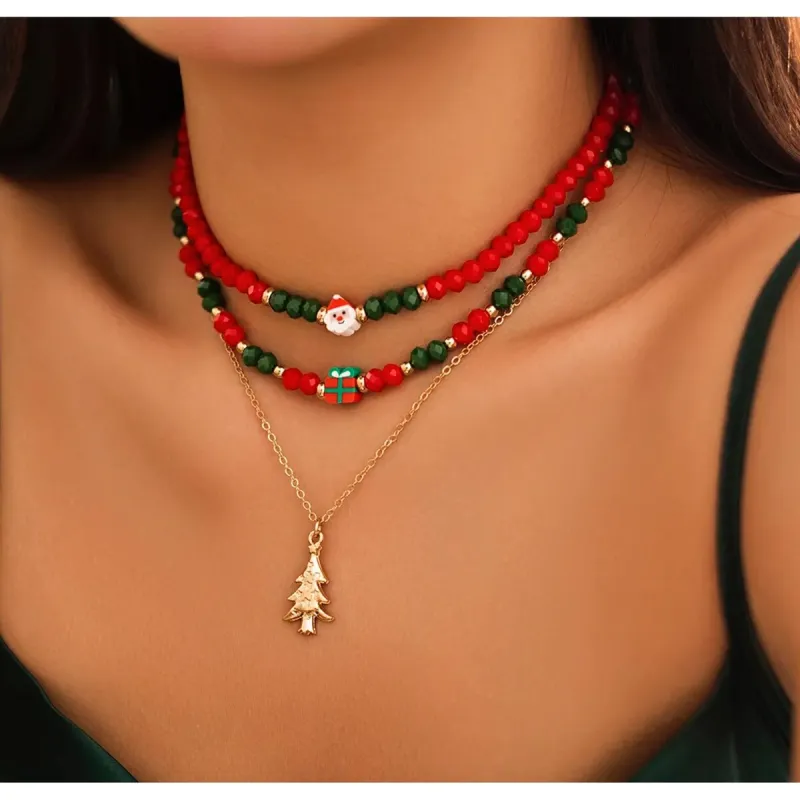 Green & Red Beaded Christmas & Goldtone Tree Layered Necklace - White sold by Zulily