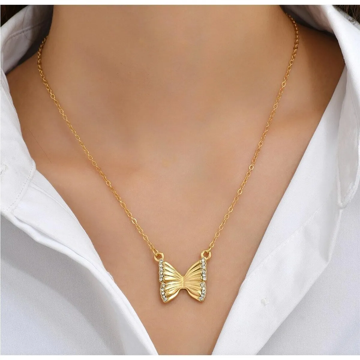 Goldtone Crystal Butterfly Pendant Necklace - White sold by Zulily
