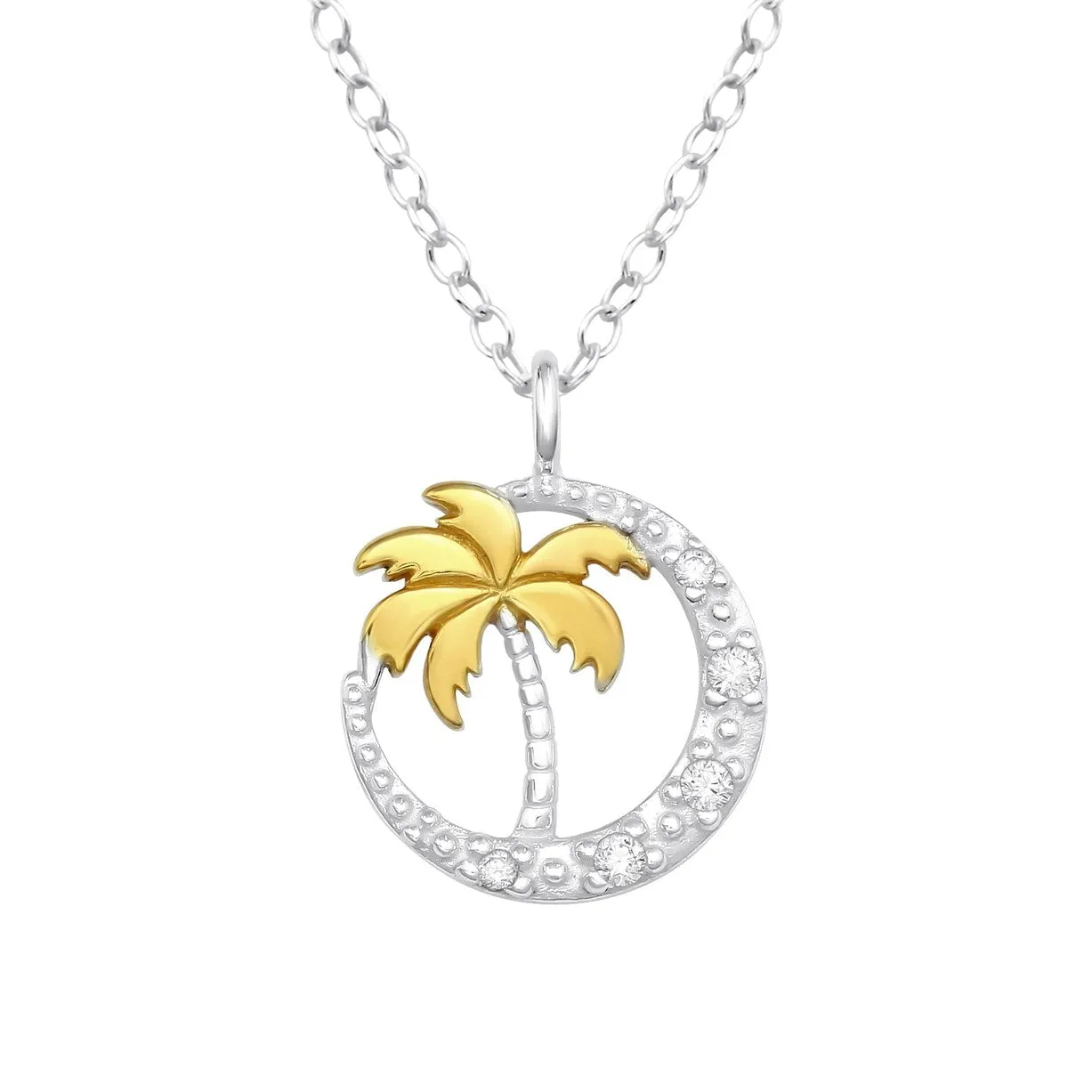 Sterling Silver and 18kt Gold Plated Palm Tree Pendant Necklace with CZ - White sold by Zulily