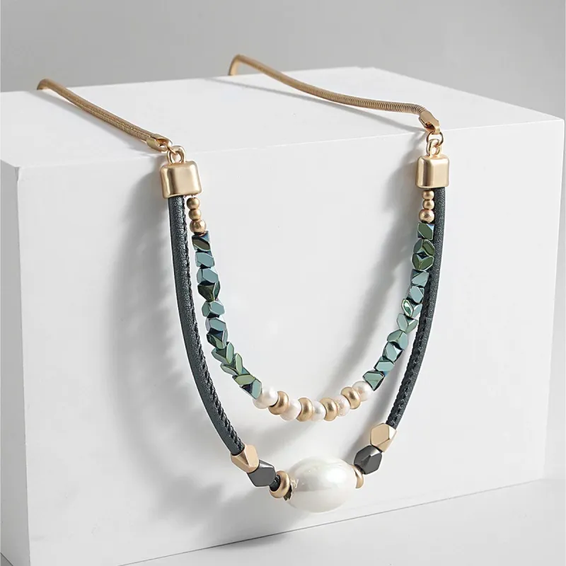 Goldtone & Green Beaded Layered Necklace With Imitation Pearl - White sold by Zulily