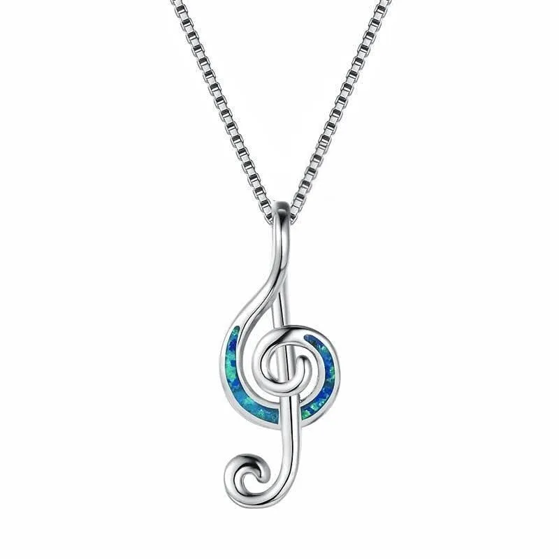 Sterling Silver & Blue Lab Opal Treble Clef Music Note Pendant Necklace - White sold by Zulily