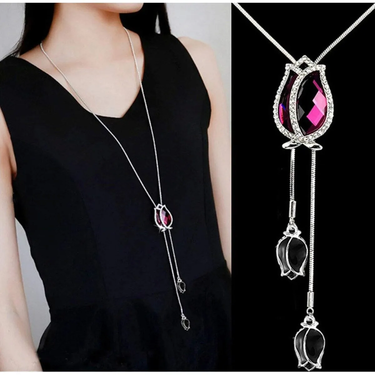 Fuchsia Tulip Crystal Long Necklace - White sold by Zulily