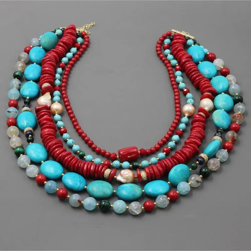 5 Row Freshwater Pearl, Howlite & Red Coral Stone Statement Beaded Handmade Necklace - White sold by Zulily