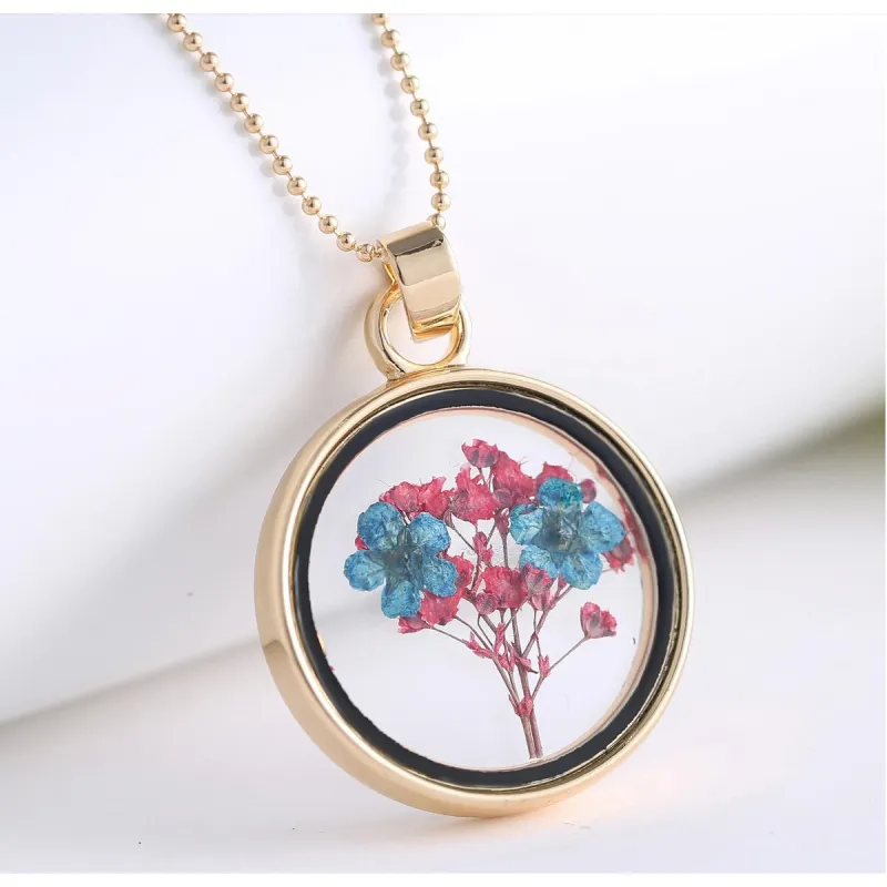 Goldtone Blue Pink Dried Flower Circular Pendant Necklace - White sold by Zulily