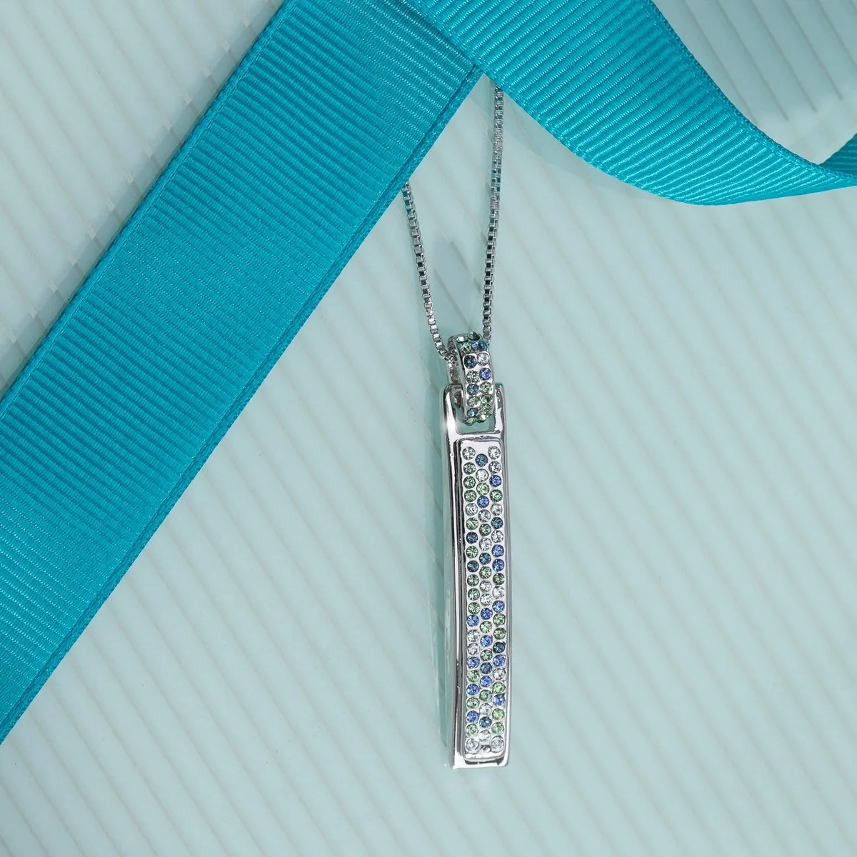 Blue Green Mix Swarovski Crystal Bar Pendant Necklace - White sold by Zulily