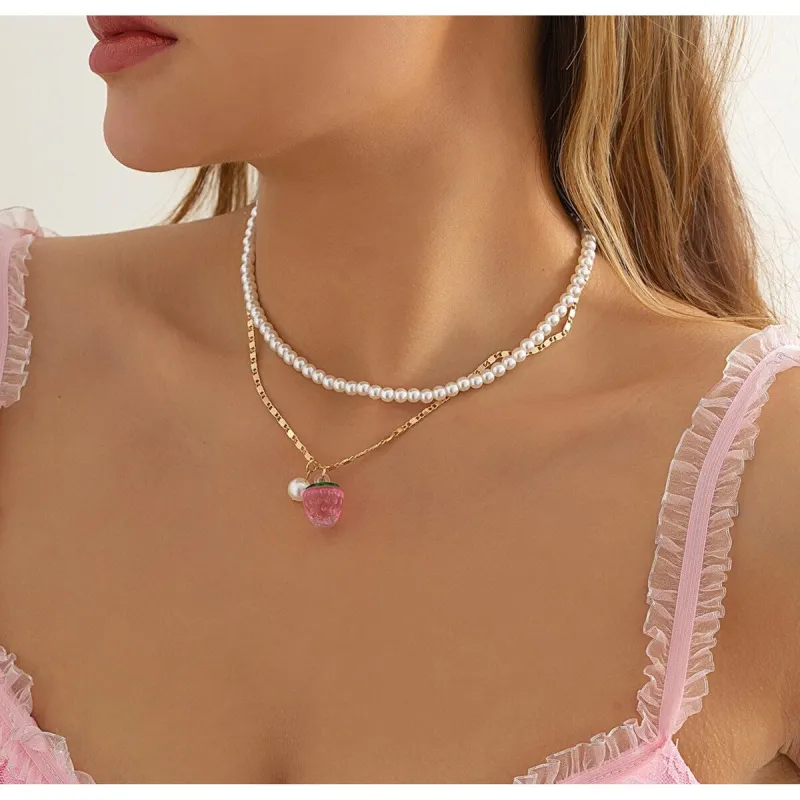 Goldtone Imitation Pearl Pink Strawberry Layered Necklace - White sold by Zulily