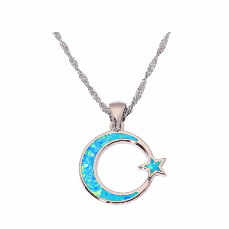 Sterling Silver Blue Lab Opal Crescent Moon And Star Pendant Necklace - White sold by Zulily
