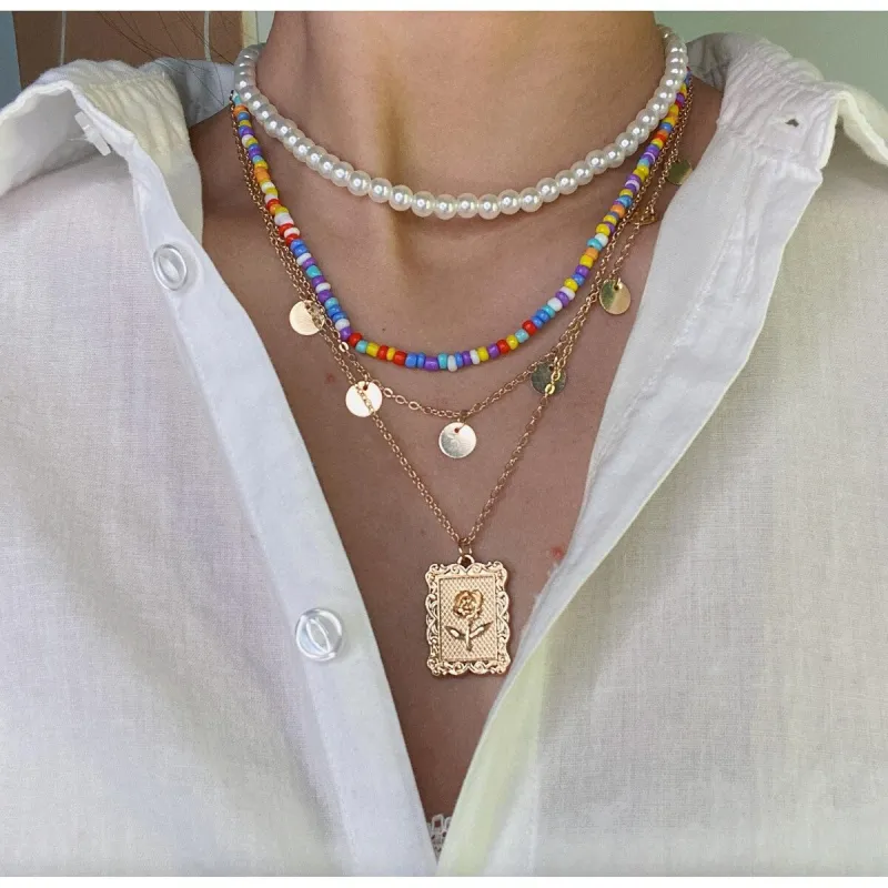 Imitation Pearl Multi Colored Beaded Rose Layered Necklace - White sold by Zulily